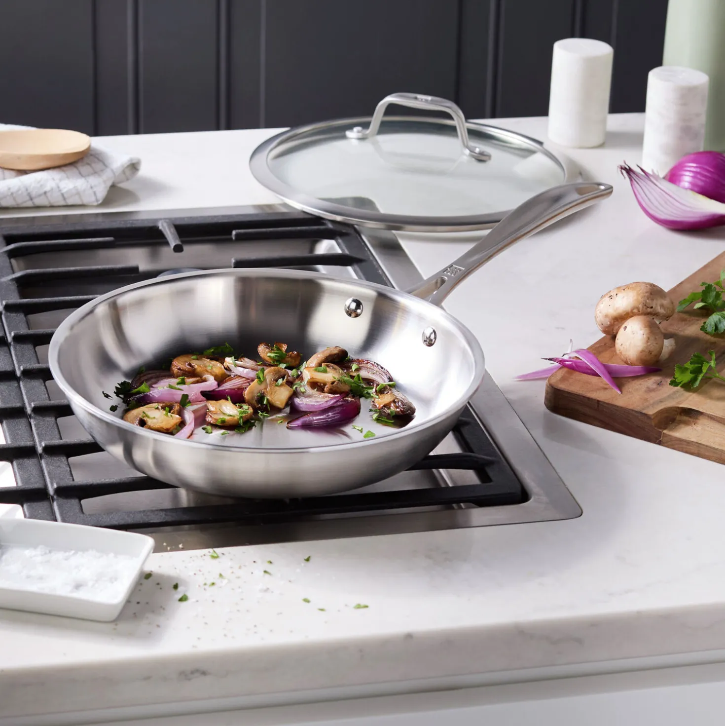 3 Ply, 9.5-inch, 18/10 Stainless Steel, Frying Pan With Glass Lid