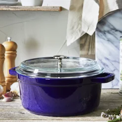 4 qt, Round, Glass Lid Dutch Oven, Dark Blue