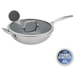 12-inch, 18/10 Stainless Steel, Wok With Lid, Silver