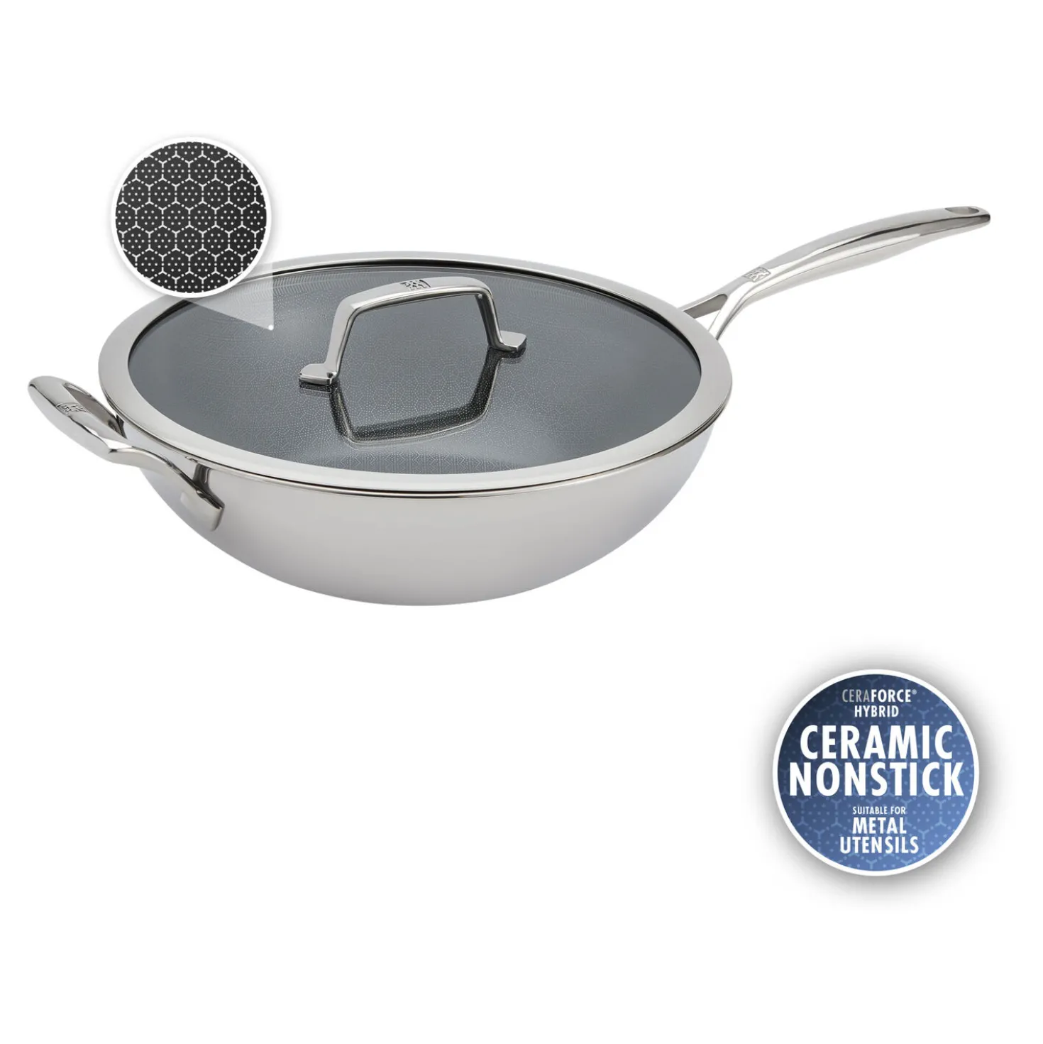 12-inch, 18/10 Stainless Steel, Wok With Lid, Silver