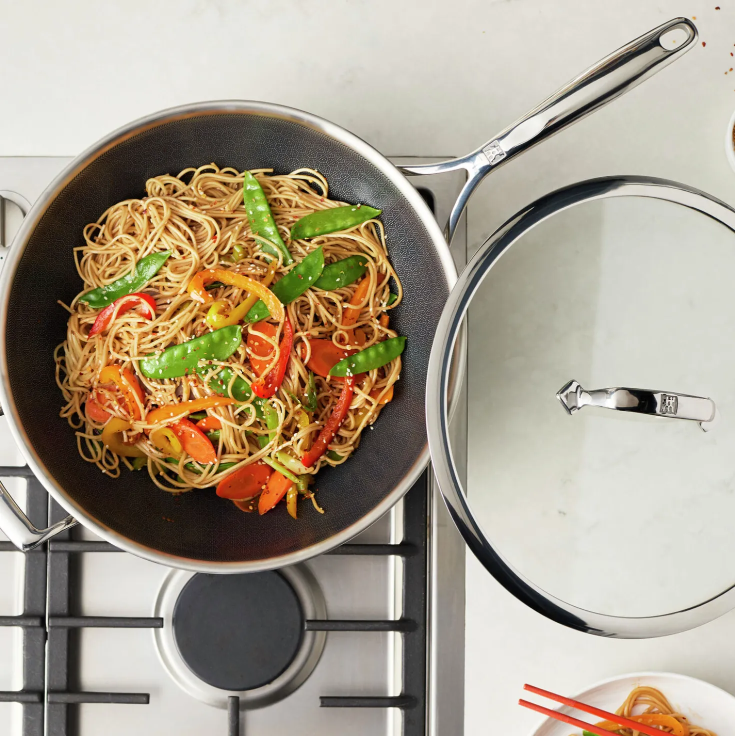 12-inch, 18/10 Stainless Steel, Wok With Lid, Silver