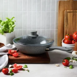 11-inch, Aluminum, Ceramic Nonstick Wok With Lid, Grey