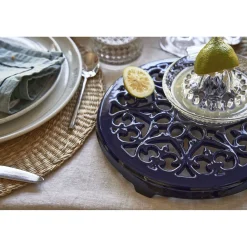 9-inch, Round, Cast Iron Lilly Trivet, Dark Blue