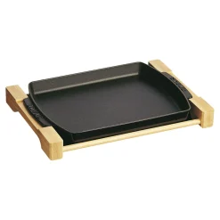 13-inch x 9-inch, Rectangular Serving Dish With Wood Base, Black Matte