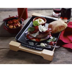 13-inch x 9-inch, Rectangular Serving Dish With Wood Base, Black Matte