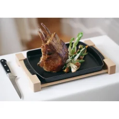 13-inch x 9-inch, Rectangular Serving Dish With Wood Base, Black Matte