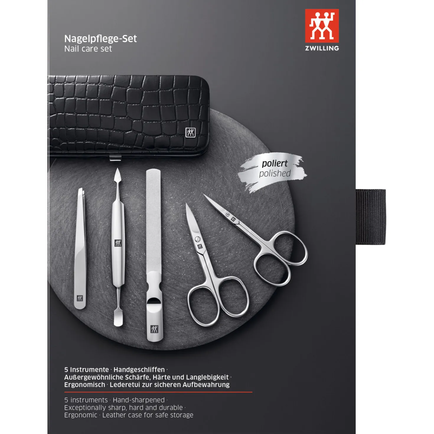 5-pc, Black Matte, Leather, Manicure Pedicure Set With Nail Scissors