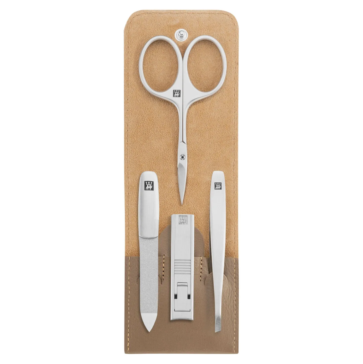 4-pc, Leather Manicure Pedicure Set With Compact Nail Clippers, Taupe