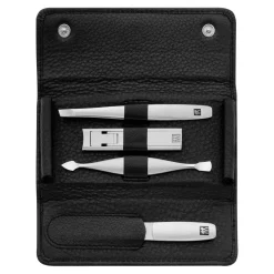 4-pc, Leather Manicure Pedicure Set With Compact Nail Clippers, Black Matte