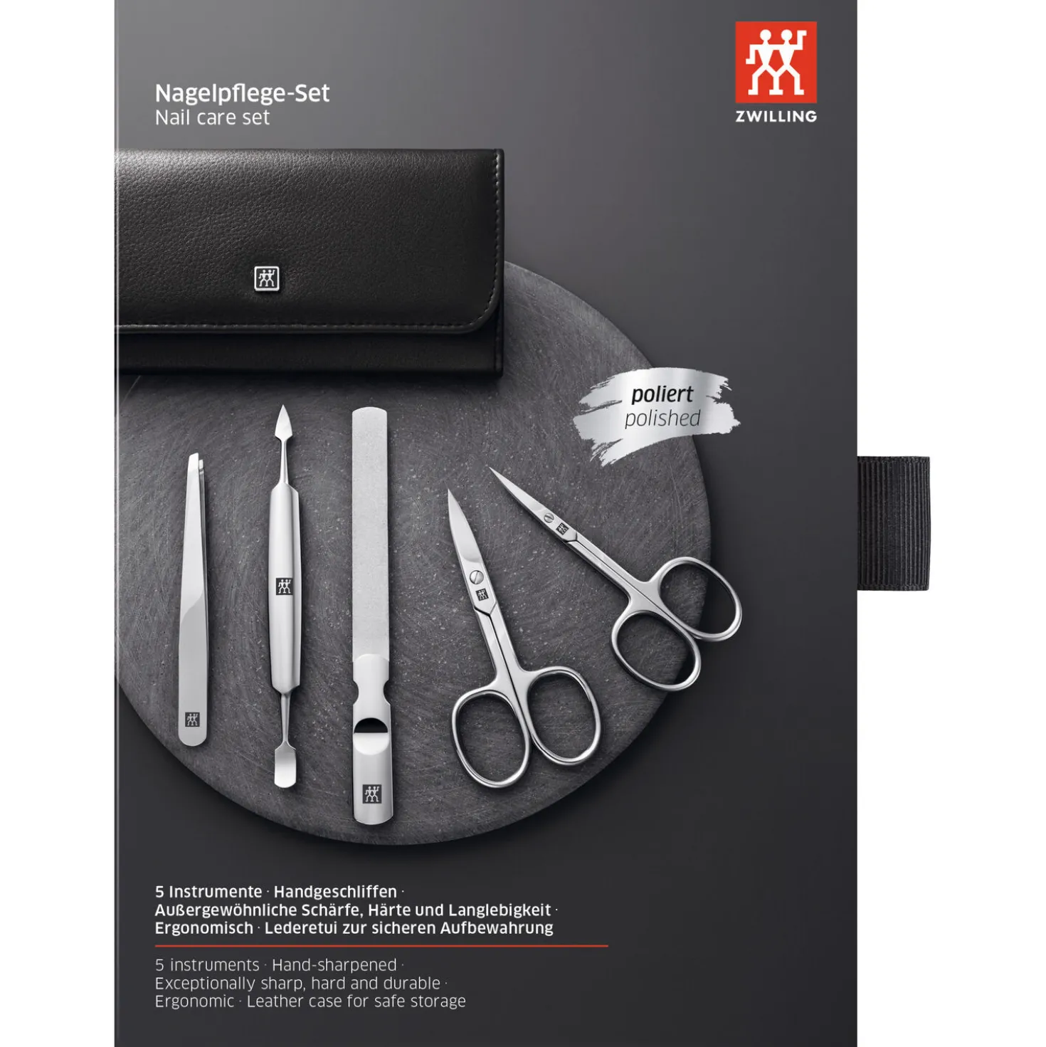 5-pc, Leather Manicure Pedicure Set With Nail Scissors, Black Matte