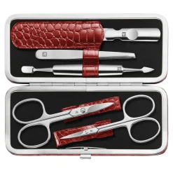 5-pc, Red, Leather, Manicure Pedicure Set With Nail Scissors