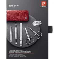 5-pc, Red, Leather, Manicure Pedicure Set With Nail Scissors