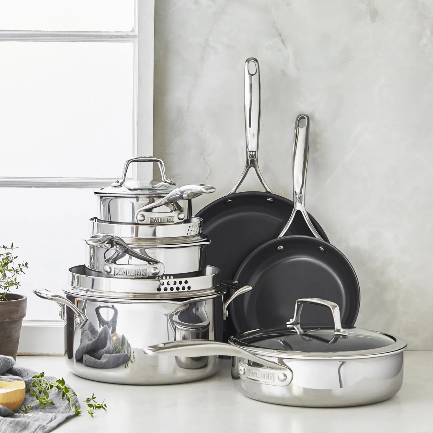 Pots and pans set, 10-pc, 18/10 Stainless Steel, Ceramic coating